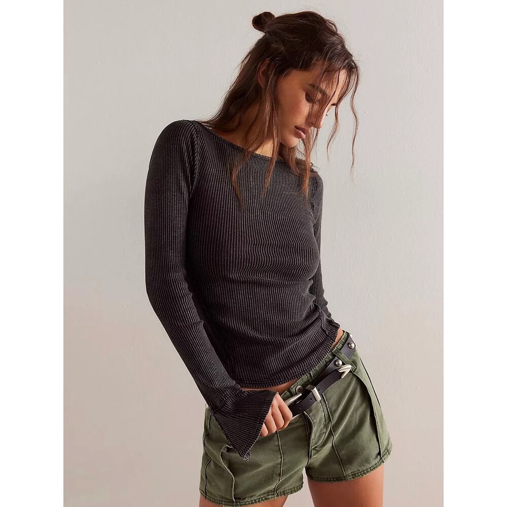Free People Charcoal Ribbed Soul Sister Layering Top Bell Sleeve Preppy Boho- L